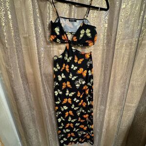Liz & Sara Black Orange Butterfly Cut Out Stretchy Maxi Dress NWT